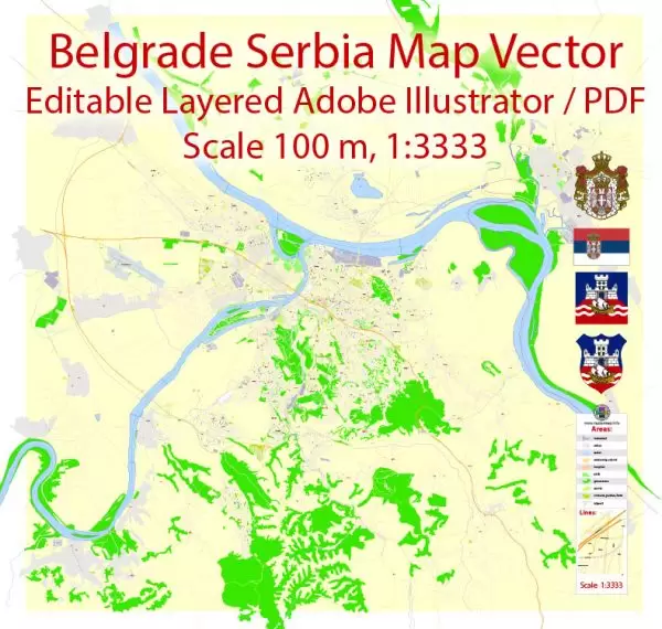 Belgrade Serbia Map Vector Grande Exact City Plan detailed Street Map editable Adobe Illustrator in layers