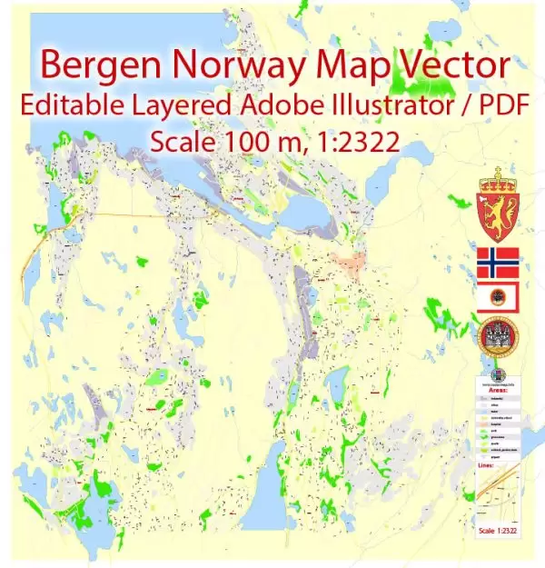 Bergen Norway Map Vector Grande Exact City Plan detailed Street Map editable Adobe Illustrator in layers