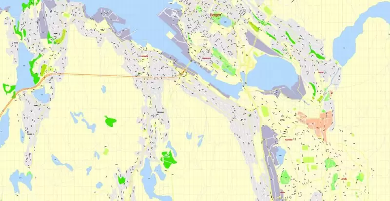 Bergen Norway Map Vector Grande Exact City Plan detailed Street Map editable Adobe Illustrator in layers