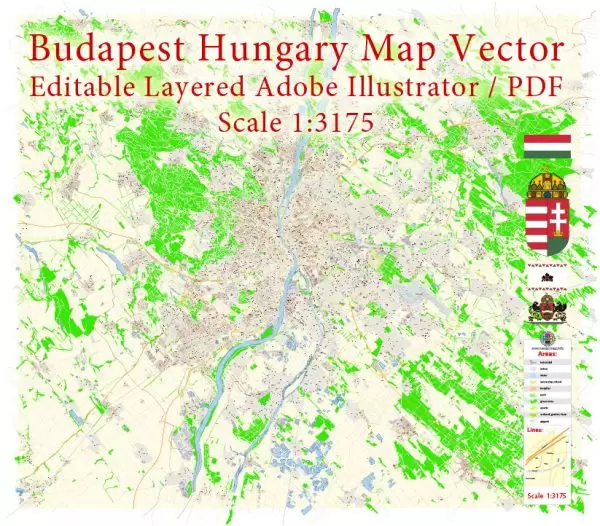 Budapest Hungary Map Vector Exact City Plan detailed Street Map editable Adobe Illustrator in layers