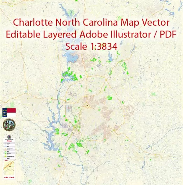 Charlotte North Carolina Map Vector Grande Exact City Plan detailed Street Map editable Adobe Illustrator in layers