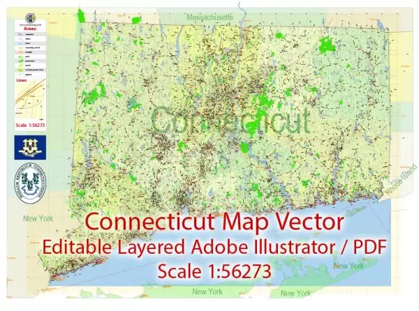 Connecticut State Map Vector Exact Plan detailed Road Admin Map editable Adobe Illustrator in layers