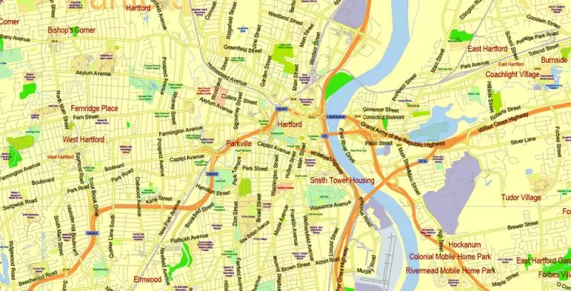 Connecticut State Map Vector Exact Plan detailed Road Admin Map editable Adobe Illustrator in layers