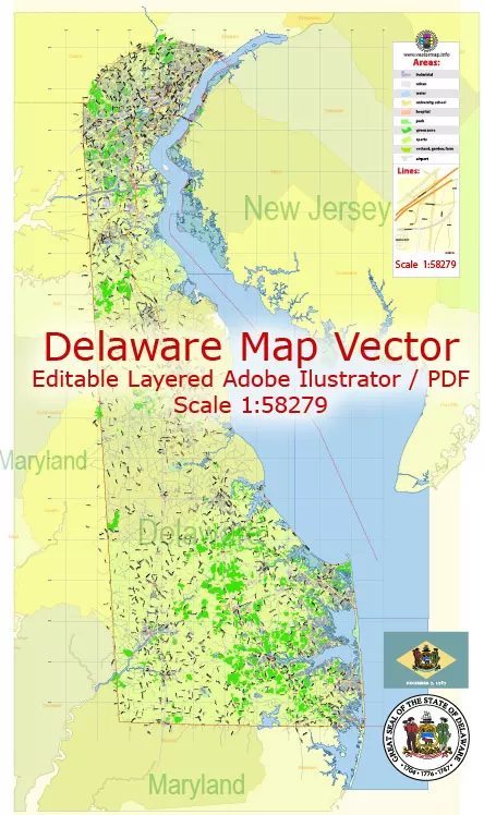 Delaware State Map Vector Exact Plan detailed Road Admin Map editable Adobe Illustrator in layers