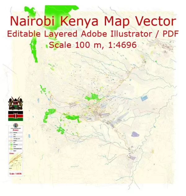 Nairobi Kenya Map Vector Exact City Plan detailed Street Map editable Adobe Illustrator in layers