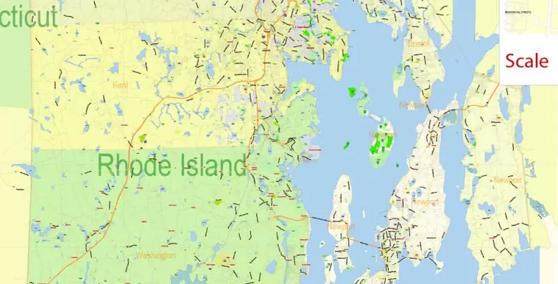 Rhode Island State Map Vector Exact Plan detailed Road Admin Map editable Adobe Illustrator in layers