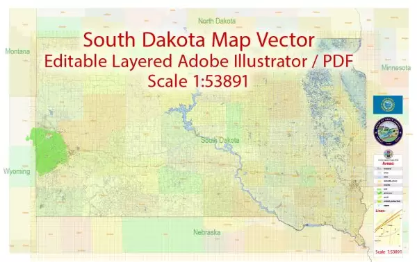 South Dakota State Map Vector Exact Plan detailed Road Admin Map editable Adobe Illustrator in layers
