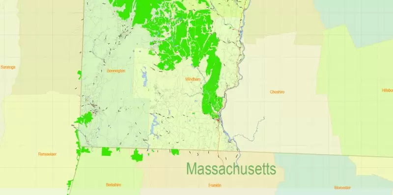 Vermont State Map Vector Exact Plan detailed Road Admin Map editable Adobe Illustrator in layers