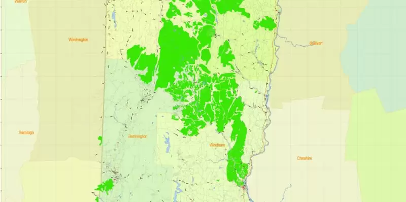 Vermont State Map Vector Exact Plan detailed Road Admin Map editable Adobe Illustrator in layers