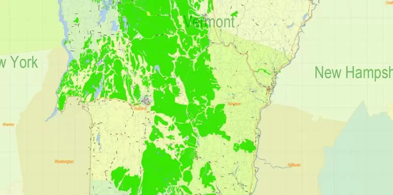 Vermont State Map Vector Exact Plan detailed Road Admin Map editable Adobe Illustrator in layers