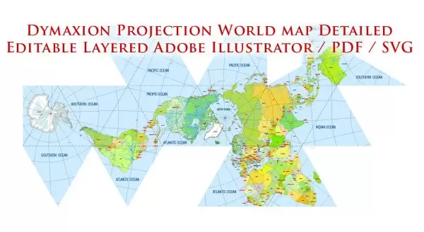 World Vector Map Dymaxion Projection Adobe Illustrator Detailed Country names