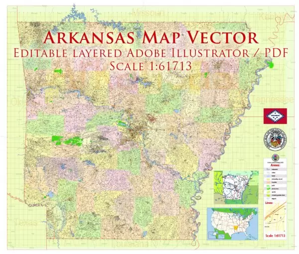 Arkansas US Map Vector Exact State Plan High Detailed Street Road Admin Map editable Adobe Illustrator in layers