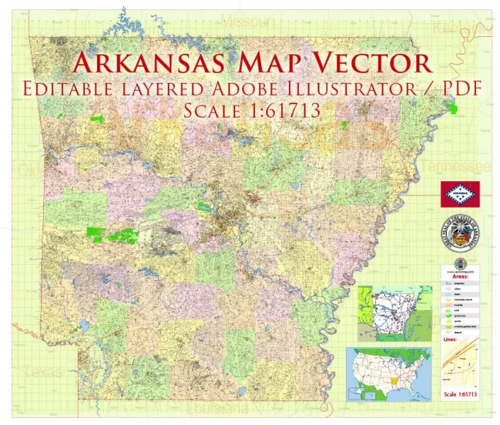Arkansas US Map Vector Exact State Plan High Detailed Street Road Admin Map editable Adobe Illustrator in layers