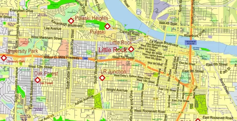 Arkansas US Map Vector Exact State Plan High Detailed Street Road Admin Map editable Adobe Illustrator in layers
