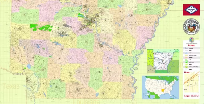 Arkansas US Map Vector Exact State Plan High Detailed Street Road Admin Map editable Adobe Illustrator in layers