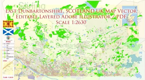 East Dunbartonshire Scotland UK Map Vector Exact State Plan High Detailed Street Road Admin Map editable Adobe Illustrator in layers