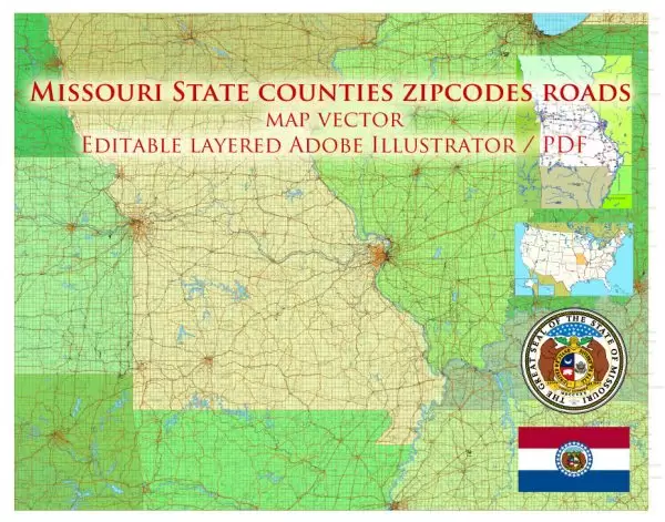 Missouri US Map Vector Exact State Plan Main Roads Railroads Admin Zipcodes Map editable Adobe Illustrator in layers