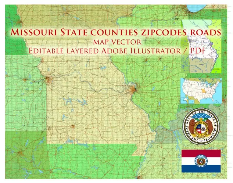 Missouri US Map Vector Exact State Plan Main Roads Railroads Admin Zipcodes Map editable Adobe Illustrator in layers