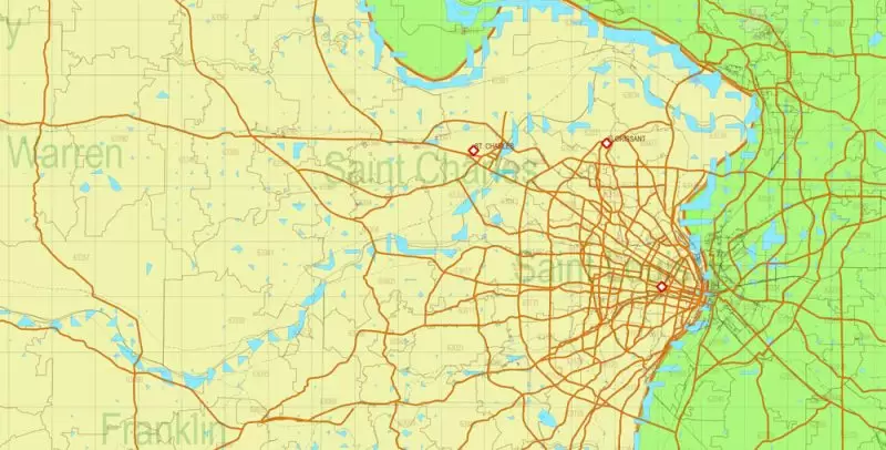 _Missouri State US PDF Map Vector Exact State Plan Main Roads Railroads Admin Zipcodes Map editable Adobe PDF in layers