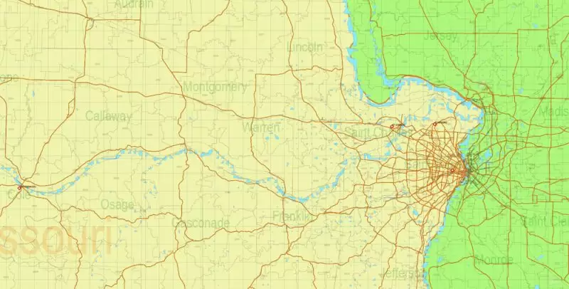 Missouri US Map Vector Exact State Plan Main Roads Railroads Admin Zipcodes Map editable Adobe Illustrator in layers