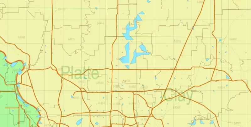 Missouri US Map Vector Exact State Plan Main Roads Railroads Admin Zipcodes Map editable Adobe Illustrator in layers