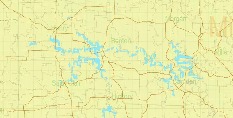 Missouri US Map Vector Exact State Plan Main Roads Railroads Admin Zipcodes Map editable Adobe Illustrator in layers
