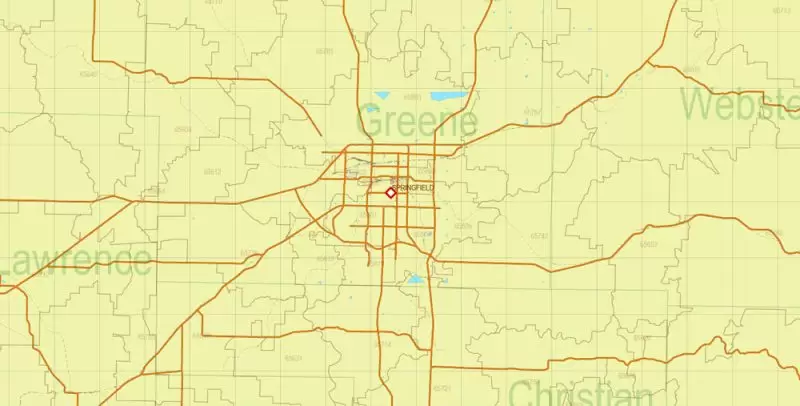 Missouri US Map Vector Exact State Plan Main Roads Railroads Admin Zipcodes Map editable Adobe Illustrator in layers