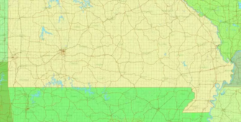 Missouri US Map Vector Exact State Plan Main Roads Railroads Admin Zipcodes Map editable Adobe Illustrator in layers