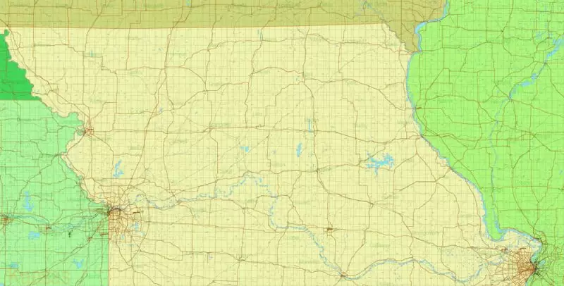 Missouri US Map Vector Exact State Plan Main Roads Railroads Admin Zipcodes Map editable Adobe Illustrator in layers