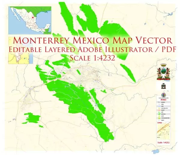 Monterrey Mexico Map Vector Exact City Plan Metro Area High Detailed Street Map editable Adobe Illustrator in layers