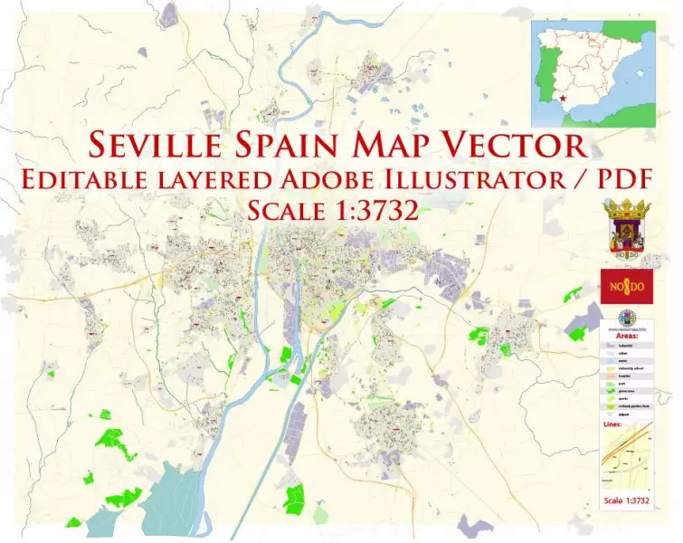 Seville Spain Map Vector Exact City Plan High Detailed Street Map editable Adobe Illustrator in layers