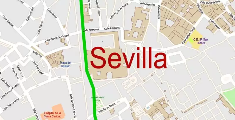 Seville Spain PDF Map Vector Exact City Plan High Detailed Street Map editable Adobe PDF in layers