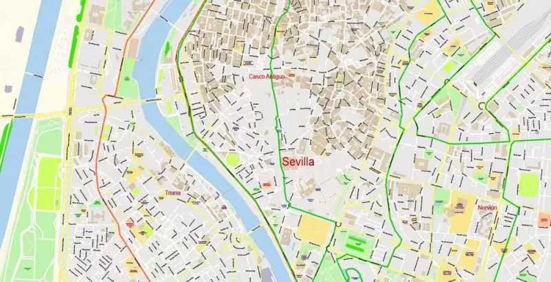 Seville Spain Map Vector Exact City Plan High Detailed Street Map editable Adobe Illustrator in layers