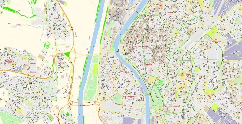 Seville Spain PDF Map Vector Exact City Plan High Detailed Street Map editable Adobe PDF in layers