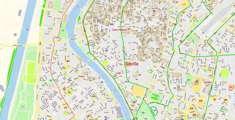 Seville Spain Map Vector Exact City Plan High Detailed Street Map editable Adobe Illustrator in layers