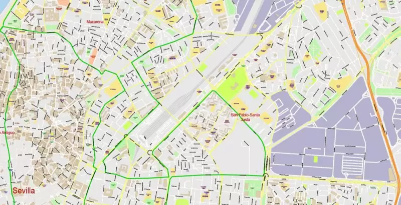 Seville Spain Map Vector Exact City Plan High Detailed Street Map editable Adobe Illustrator in layers