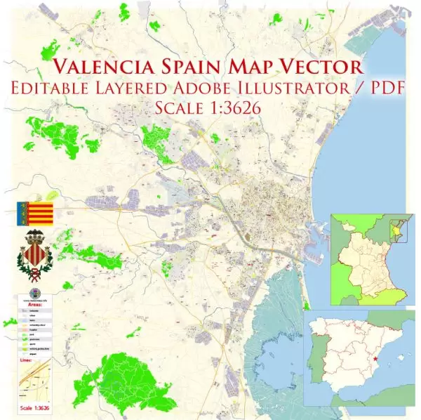 Valencia Spain Map Vector Exact City Plan High Detailed Street Map editable Adobe Illustrator in layers