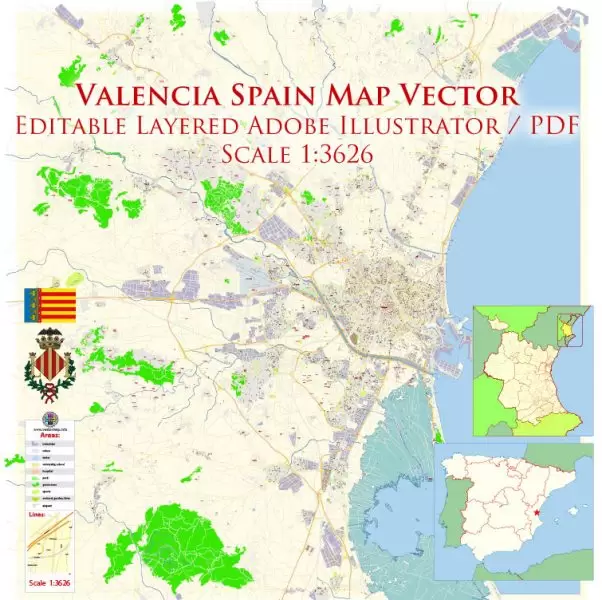 Valencia Spain Map Vector Exact City Plan High Detailed Street Map editable Adobe Illustrator in layers