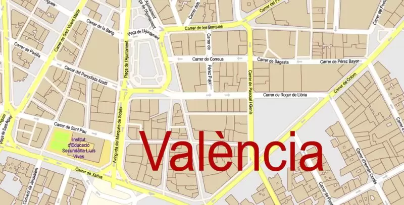 Valencia Spain Map Vector Exact City Plan High Detailed Street Map editable Adobe Illustrator in layers