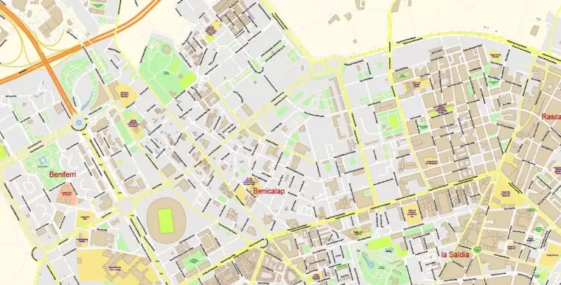 Valencia Spain Map Vector Exact City Plan High Detailed Street Map editable Adobe Illustrator in layers
