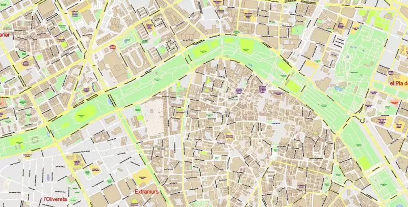 Valencia Spain Map Vector Exact City Plan High Detailed Street Map editable Adobe Illustrator in layers