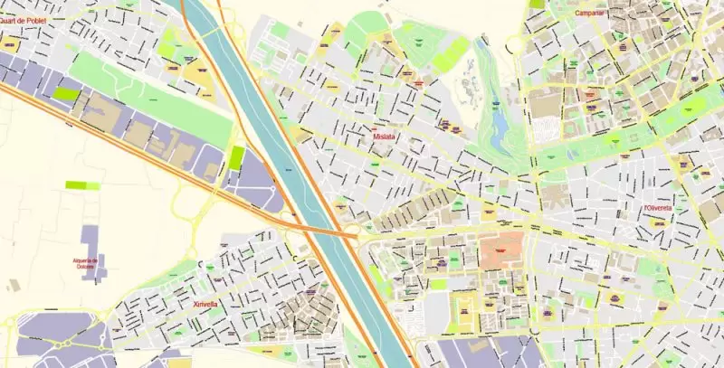 Valencia Spain Map Vector Exact City Plan High Detailed Street Map editable Adobe Illustrator in layers