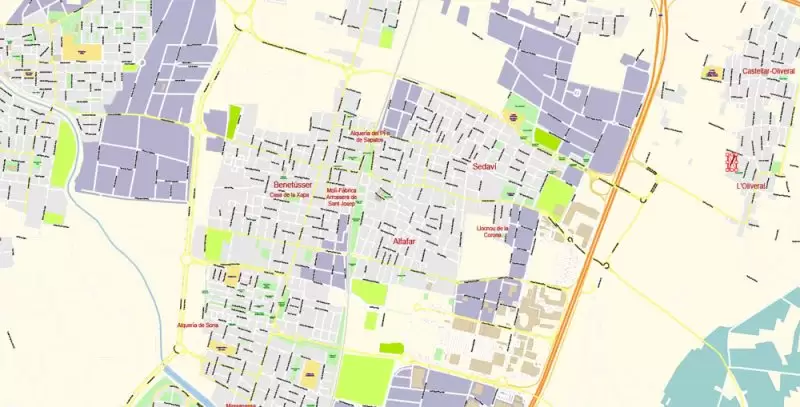 Valencia Spain Map Vector Exact City Plan High Detailed Street Map editable Adobe Illustrator in layers