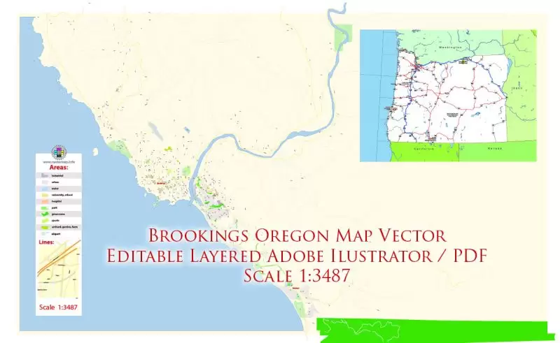 Brookings Oregon Map Vector Exact City Plan High Detailed Street Map editable Adobe Illustrator in layers