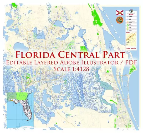 Florida Central Part with Orlando US Map Vector Exact City Plan High Detailed Street Map editable Adobe Illustrator in layers