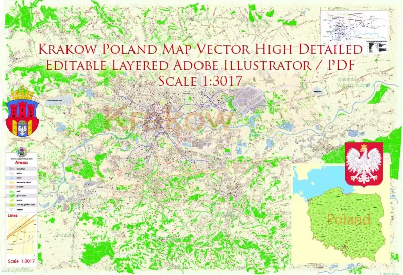 Krakow Poland Map Vector Exact City Plan High Detailed Street Map editable Adobe Illustrator in layers