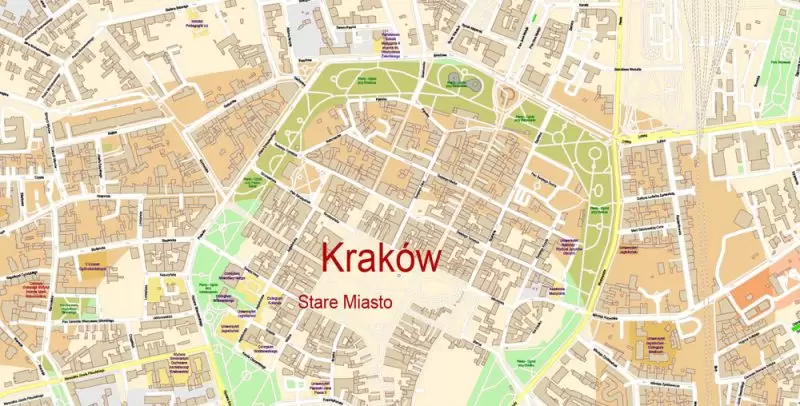 Krakow Poland Map Vector Exact City Plan High Detailed Street Map editable Adobe Illustrator in layers
