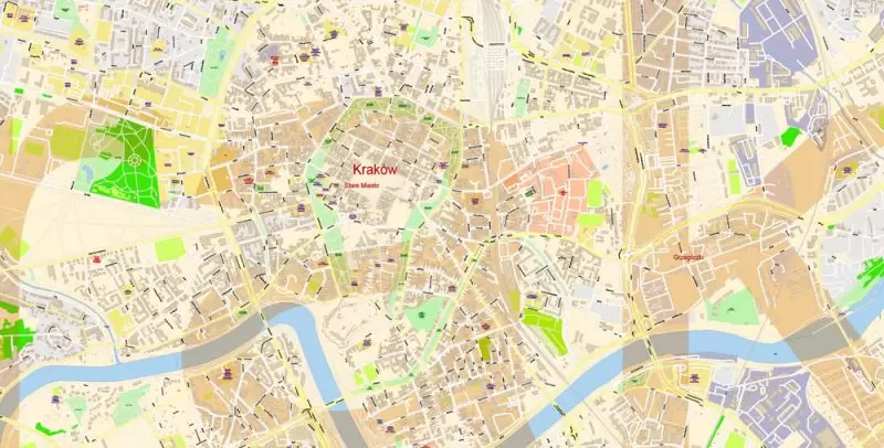 Krakow Poland Map Vector Exact City Plan High Detailed Street Map editable Adobe Illustrator in layers
