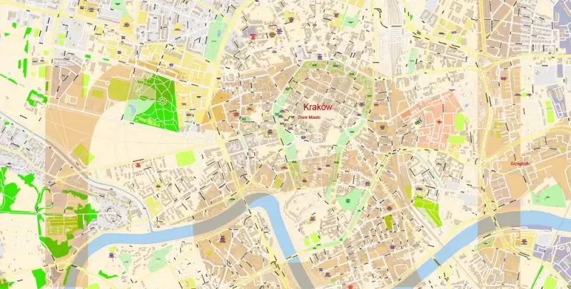 Krakow Poland Map Vector Exact City Plan High Detailed Street Map editable Adobe Illustrator in layers