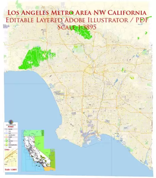 Los Angeles Metro NW California Map Vector Exact City Plan High Detailed Street Map editable Adobe Illustrator in layers